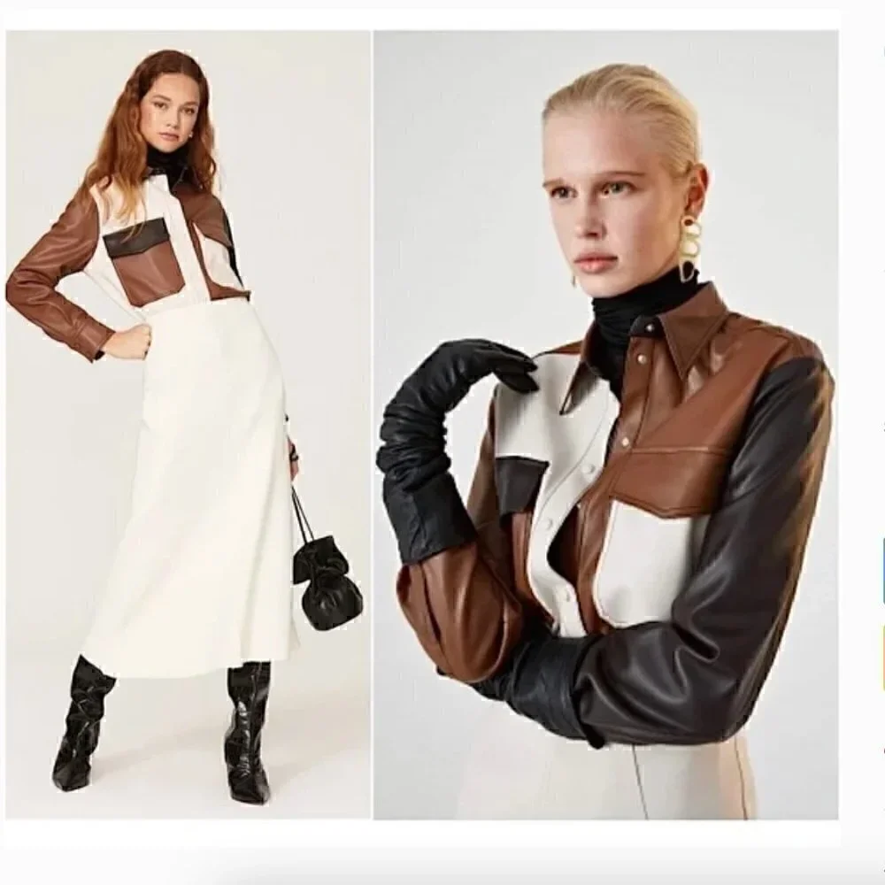 SFIZIO Faux Leather Patchwork Shacket  Brown and White Women's Size M - Picture 2 of 11